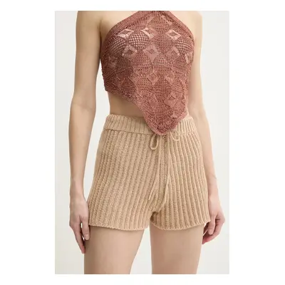 Bavlněné šortky Twinset dámské, hnědá barva, hladké, high waist, 251TP3202