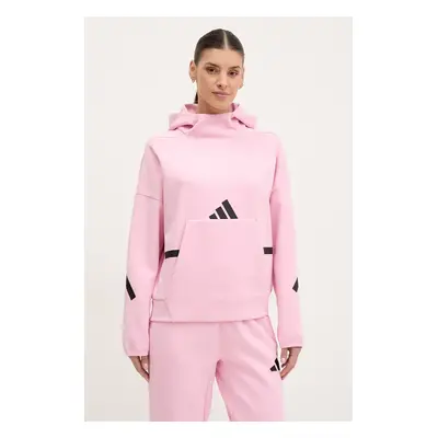 Mikina adidas Z.N.E. dámská, růžová barva, s kapucí, s potiskem, JD5992