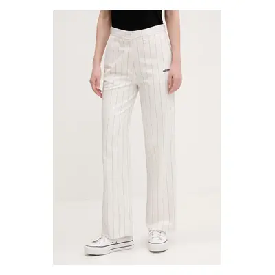 Kalhoty adidas Originals PINSTRIPE PANTS dámské, béžová barva, široké, high waist, JJ3483