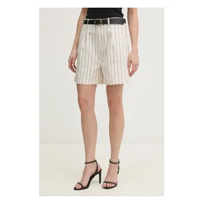 Lněné kraťasy Pepe Jeans HENAR dámské, béžová barva, vzorované, high waist, PL801163