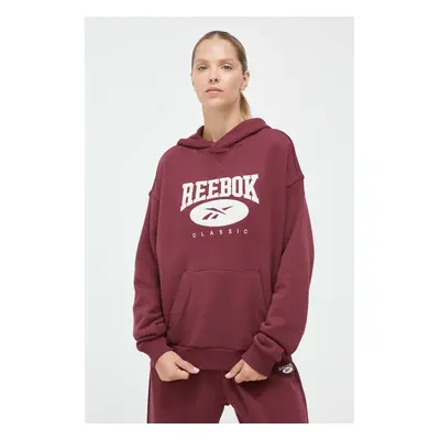 Bavlněná mikina Reebok Classic dámská, vínová barva, s kapucí, s aplikací