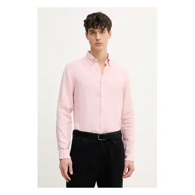 Lněná košile BOSS pánská, růžová barva, slim, s límečkem button-down, 50520283