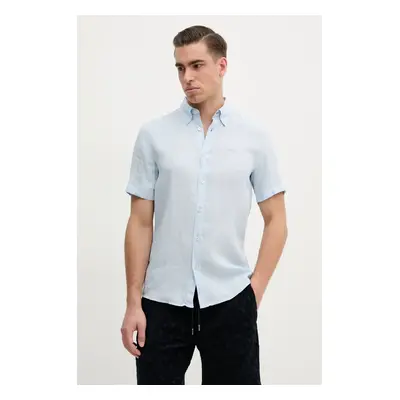 Lněná košile BOSS pánská, modrá barva, slim, s límečkem button-down, 50539352