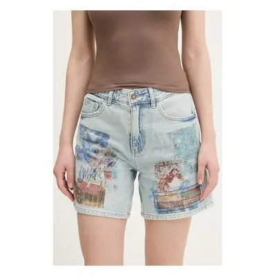 Džínové šortky Desigual INIDAN dámské, modrá barva, s potiskem, high waist, 25SWDD24