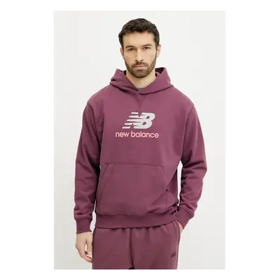 Bavlněná mikina New Balance pánská, vínová barva, s potiskem, MT51512FDP