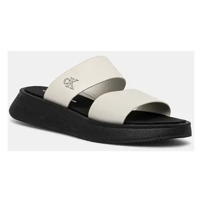 Pantofle Calvin Klein Jeans SANDAL SLIDE DOUBLE STRAP dámské, šedá barva, na platformě, YW0YW016