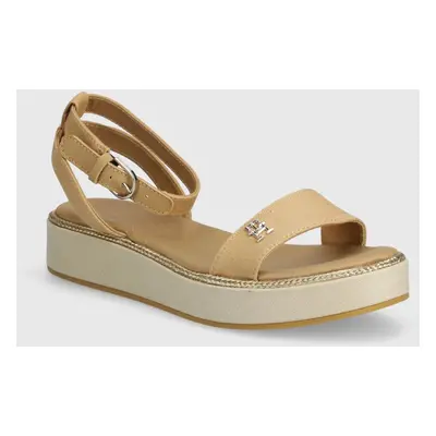 Sandály Tommy Hilfiger LINEN WITH GOLD FLATFORM dámské, béžová barva, FW0FW08051