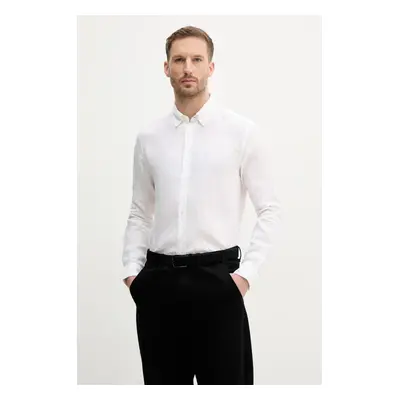 Lněná košile BOSS pánská, bílá barva, slim, s límečkem button-down, 50520283