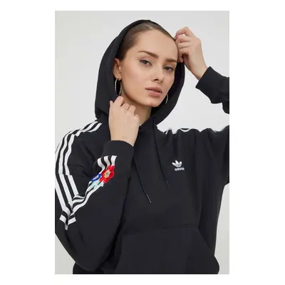 Bavlněná mikina adidas Originals dámská, černá barva, s kapucí, s aplikací, IU2515