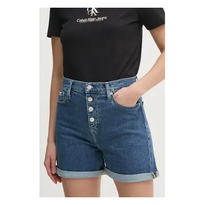 Kraťasy Calvin Klein Jeans dámské, modrá barva, hladké, high waist, J20J225512