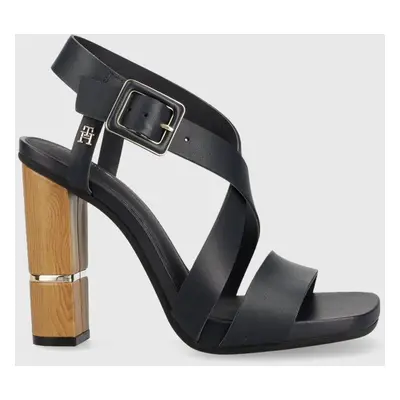 Kožené sandály Tommy Hilfiger HARDWARE BLOCK HIGH HEEL tmavomodrá barva, FW0FW07016