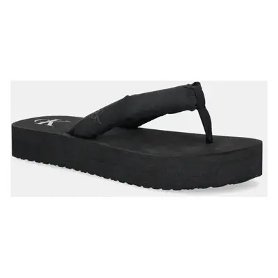 Žabky Calvin Klein Jeans BEACH SANDAL FLATFORM TTXR SATIN dámské, černá barva, na platformě, YW0