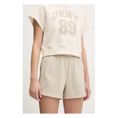 Bavlněné šortky Dkny dámské, béžová barva, hladké, high waist, DP5S5252