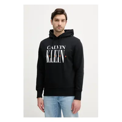 Bavlněná mikina Calvin Klein Jeans pánská, černá barva, s kapucí, s potiskem, J30J327520