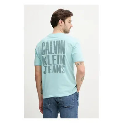 Bavlněné tričko Calvin Klein Jeans tyrkysová barva, s potiskem, J30J327523