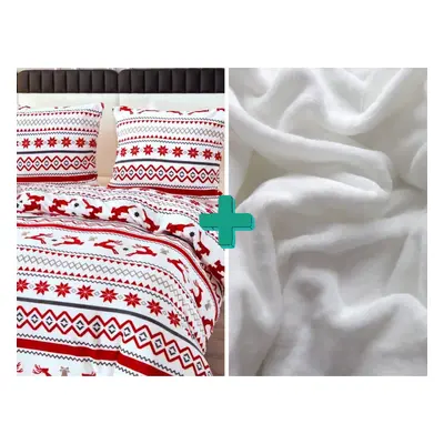 Povlečení mikroplyš RETRO CHRISTMAS bílé + prostěradlo mikroplyš SOFT 90x200 cm bílé