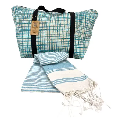 Stylový set plážové tašky + osušky HAMAM 75x150 cm, tyrkysový, 100% organická bavlna