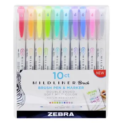 Štětcové fixy oboustranné ZEBRA Mildliner Brush & Marker, sada 10 barev