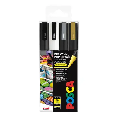 Akrylový popisovač Uni Posca PC-3M 0,9 - 1,3 mm, sada 4 ks (bílá, černá, zlatá, stříbrná)