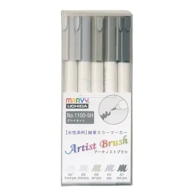 Marvy Umělecké fixy se štětcovým hrotem Artist Brush sada 5ks GREY