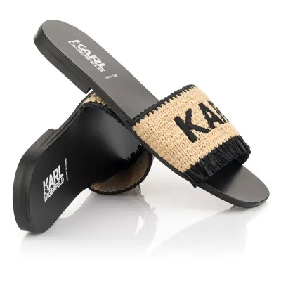 Pantofle karl lagerfeld karl band slide natural raffia w/black