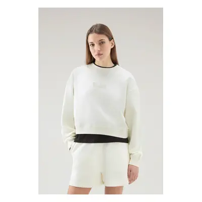 Mikina woolrich cotton fleece logo crewneck plaster white