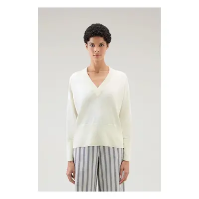 Svetr woolrich cotton cashmere v-neck plaster white