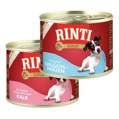 Rinti Gold Mix, Směs z drůbežích srdcí a telecích kousků, 24 × 185 g