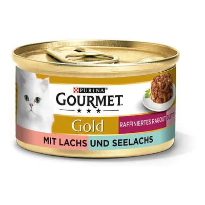 Krmivo pro kočky značky GOURMET Gold Rafinované ragú Duetto s lososem a treskou tmavou 24 × 85 g