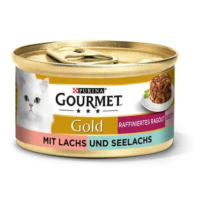 Krmivo pro kočky značky GOURMET Gold Rafinované ragú Duetto s lososem a treskou tmavou 12 × 85 g