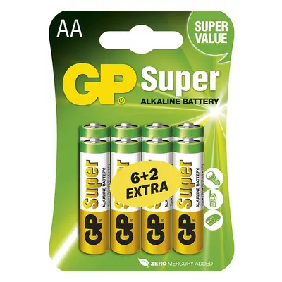 Alkalická baterie GP Super AA (LR6), 6+2 ks