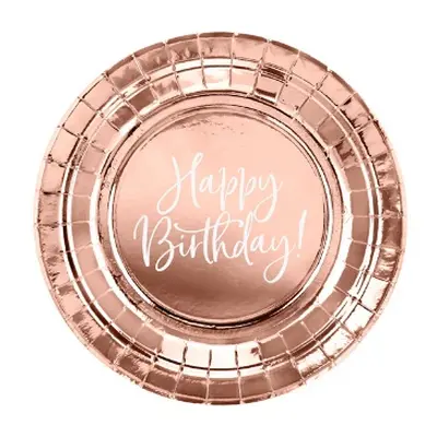 Papírové talířky metalické rose gold - Happy Birthday 6 ks