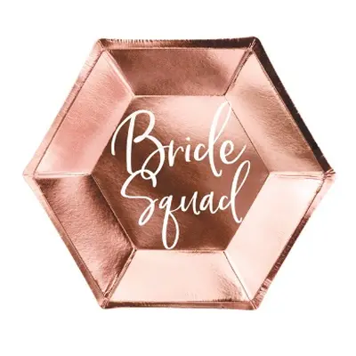 Papírové talíře metalické rose gold - Bride Squad 23 cm - 6 ks