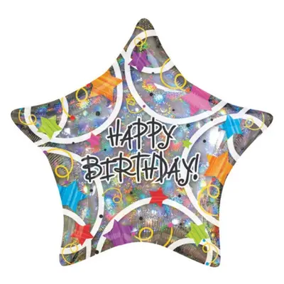 Foliový balonek hvězda s geometrickými tvary - Happy Birthday 48 cm