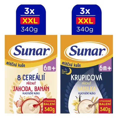 SUNAR Kaše mléčná XXL mix příchutí, 6m+, 6x340g