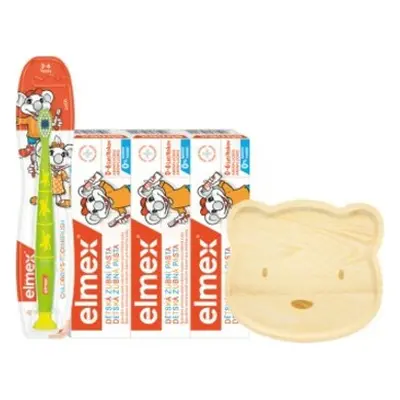 Elmex Dětský balíček – 3x zubní pasta 50ml, zubní kartáček 3-6 let + dřevěný talířek