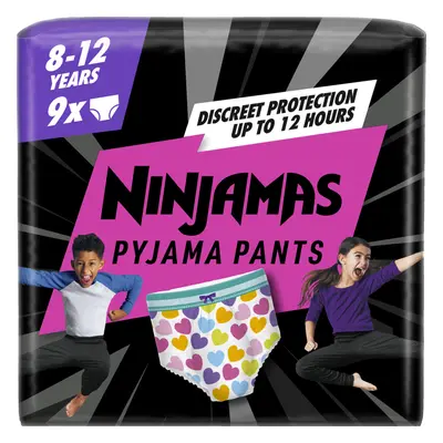 PAMPERS Kalhotky plenkové Ninjamas Pyjama Pants Srdíčka, 9 ks, 8 let, 27kg-43kg