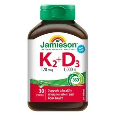 Jamieson Vitamíny K2 120mcg a D3 1000 IU 30 kapslí