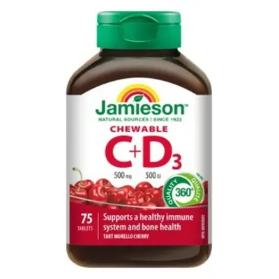 Jamieson Vitamíny C a D3 500mg / 500 IU tablety na cucání s příchutí třešně 75 tablet