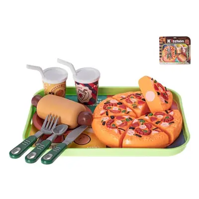 Rychlé občerstvení pizza na suchý zip, hotdog a nápoje 2ks s podnosem 26x19cm