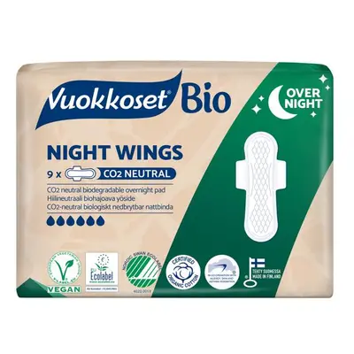 VUOKKOSET BIO Noční vložky s křidélky Night Wings (9 ks)