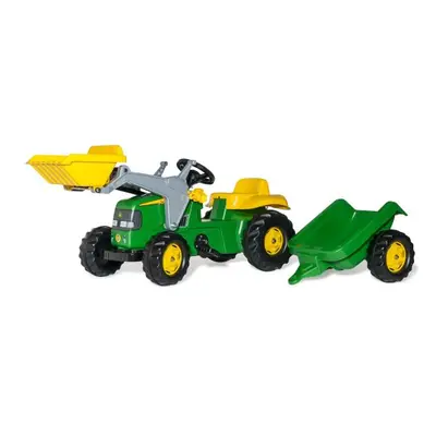 Rollytoys Šlapací traktor Rolly Kid John Deere s vlečkou a nakladačem - zelený