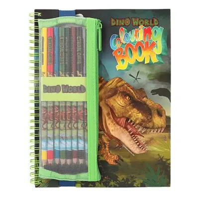 Omalovánka Dino World Colouring Book, 8ks pastelek v látkovém penálu