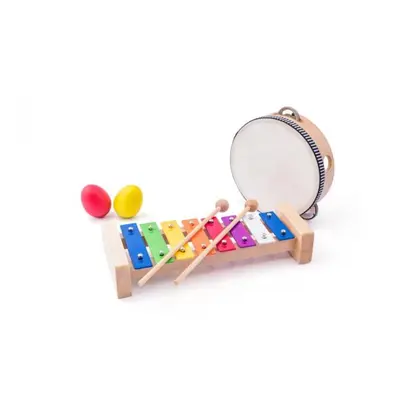 Woody muzikální set (xylofon, tamburína / bubínek, triangl, 2 maracas vajíčka)