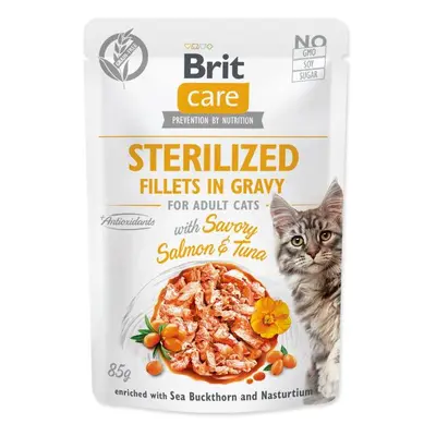 Kapsička Brit Care Cat Sterilized losos a tuňák, filety v omáčce 85g