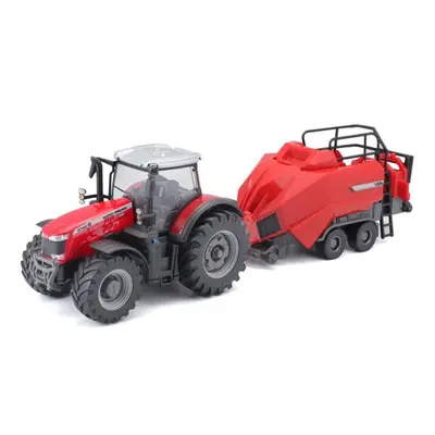 Bburago 1:50 Farm Traktor Massey Ferguson 8740S + Baler Lifter Rood