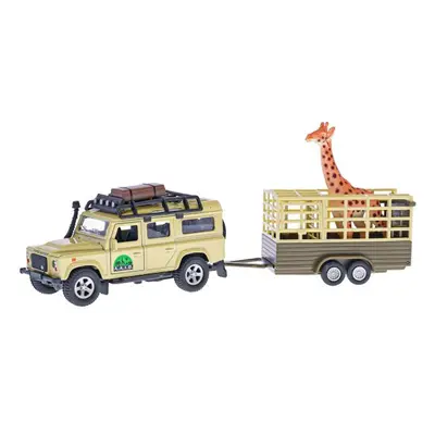 Kids Globe Traffic Land Rover Defender 14cm kov na zpětný chod s přívěsem 14cm a žirafa