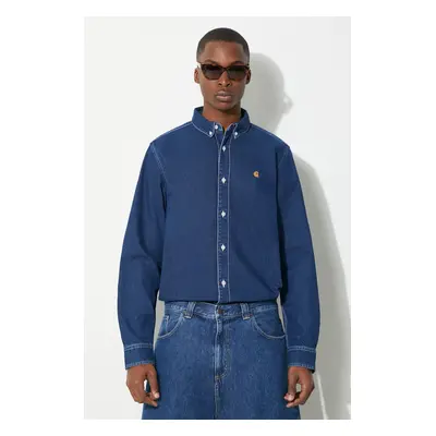 Džínová košile Carhartt WIP Weldon Shirt pánská, relaxed, s límečkem button-down, I031928-BLUEST