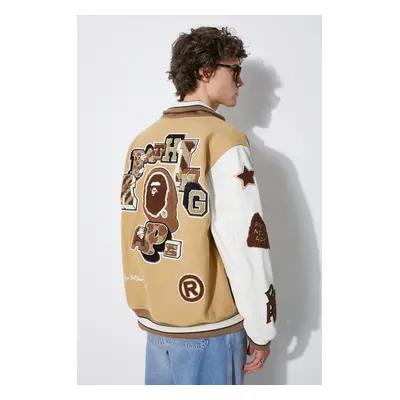 Vlněná bomber bunda A Bathing Ape Bape Multi Motif Varsity béžová barva, přechodná, 1J80141001