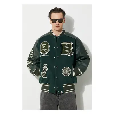 Vlněná bomber bunda A Bathing Ape Bape Patch Coach Jacket zelená barva, zimní, oversize, 1J80141